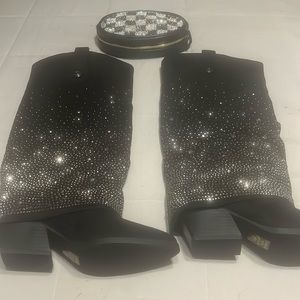 Black diamond studded boots with a purse
